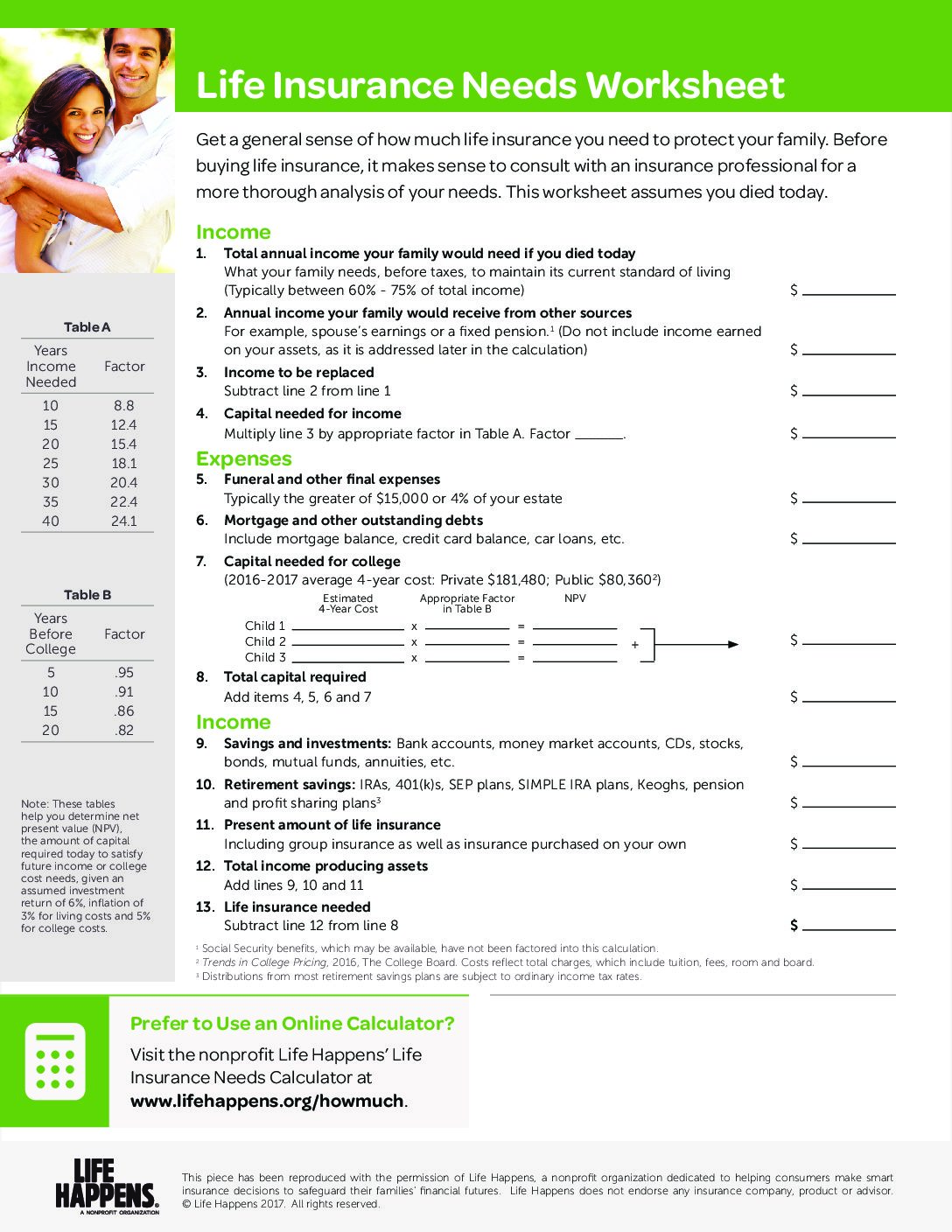 Life Insurance Needs Worksheet